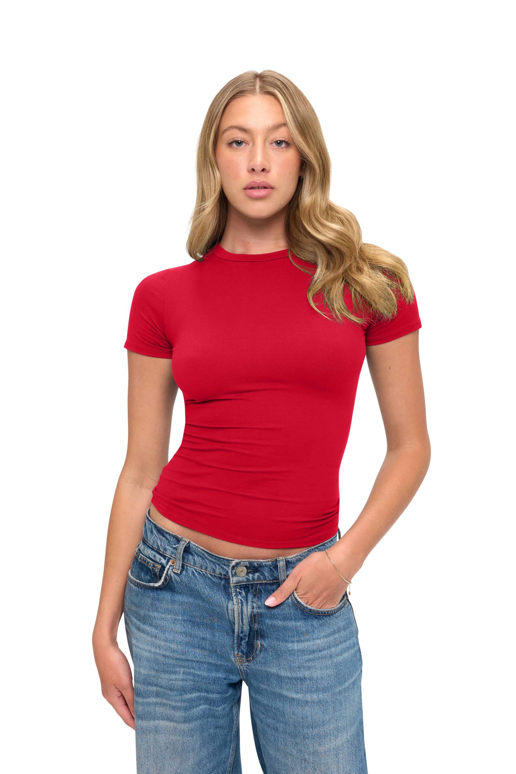 Wholesale women's red short sleeve fitted t-shirt with blue denim jeans