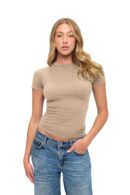 Wholesale women's beige fitted short sleeve crew neck t-shirt with blue jeans