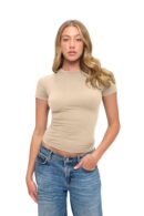 Wholesale women's beige short-sleeve fitted crew neck t-shirt paired with blue denim jeans