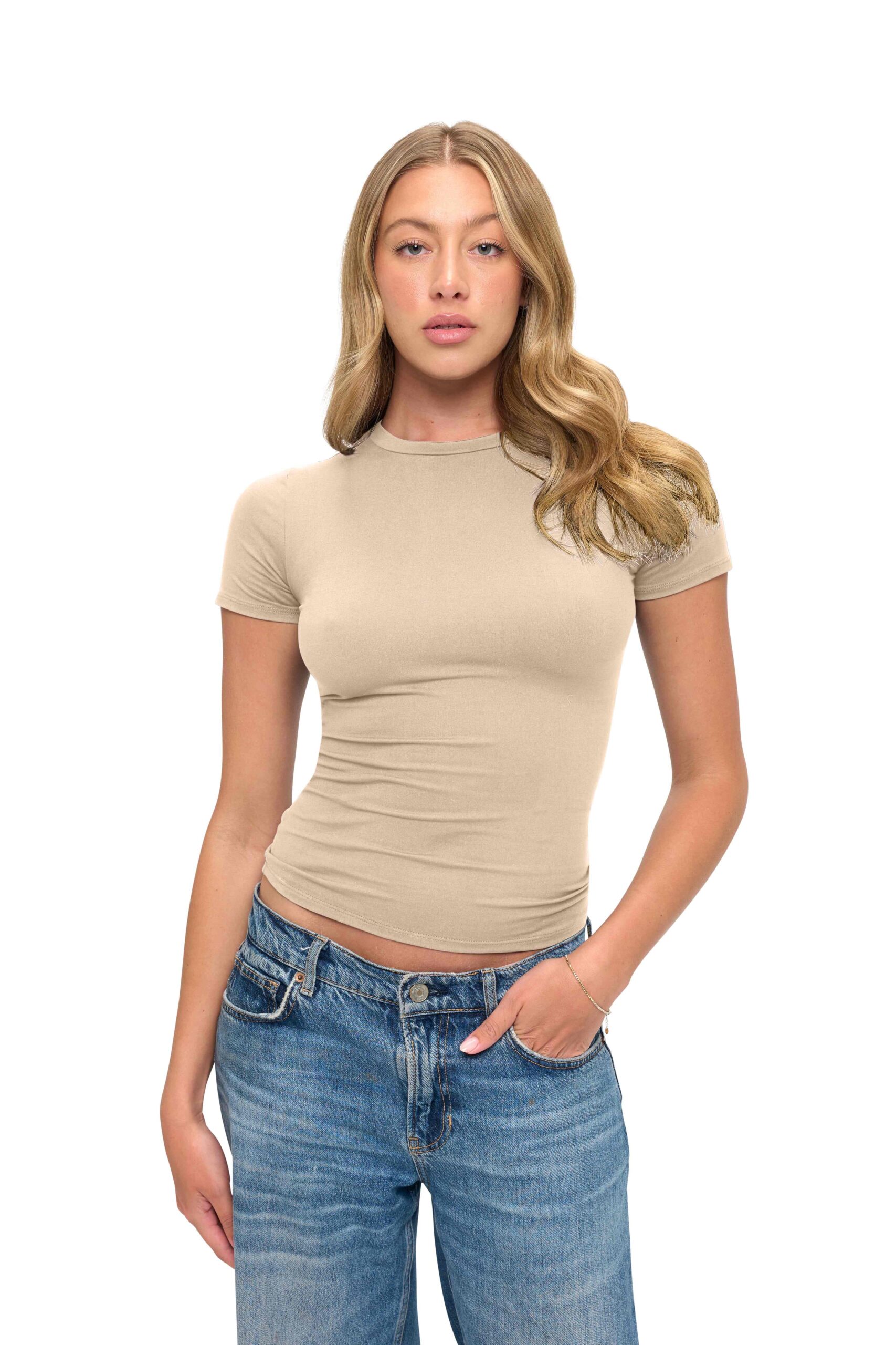 Wholesale women's beige short-sleeve fitted crew neck t-shirt paired with blue denim jeans